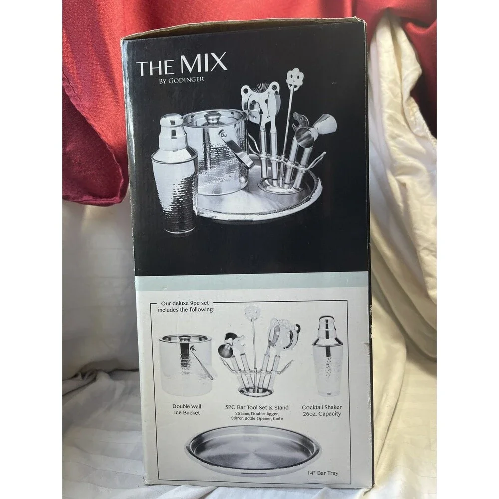 Godinger Hammered Finish Stainless Steel 9pc Bar Set Cocktail Shaker Ice Bucket